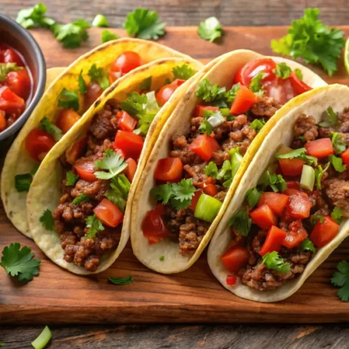 Three soft tacos filled with seasoned shredded beef, diced tomatoes, fresh cilantro, and green onions, served on a wooden board with lime wedges and a bowl of salsa.