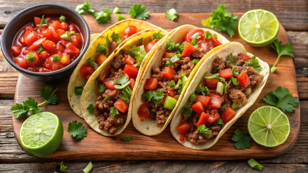 Three soft tacos filled with seasoned shredded beef, diced tomatoes, fresh cilantro, and green onions, served on a wooden board with lime wedges and a bowl of salsa.