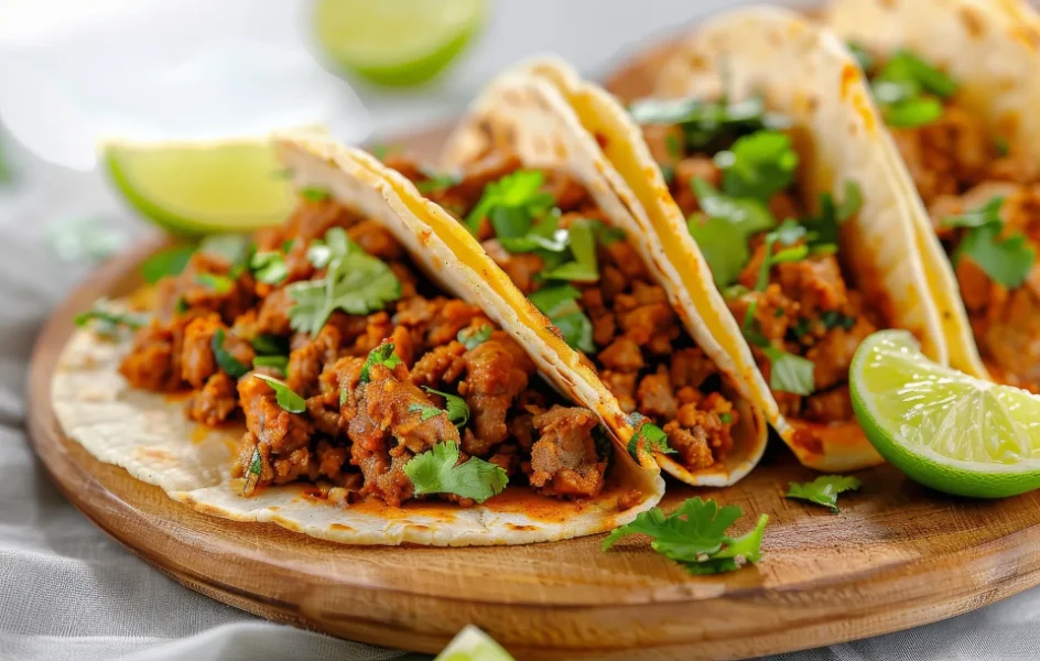 Three soft tacos filled with seasoned shredded beef, topped with fresh cilantro, and served with lime wedges on a wooden board.