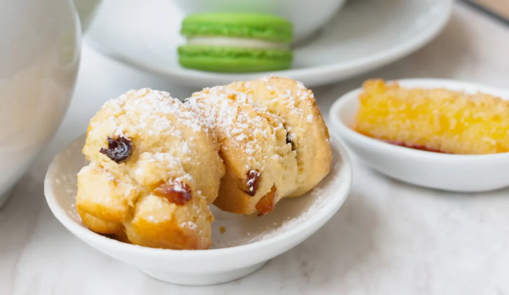 Sweet traditional English scone with powdered sugar, raisins, and tea-time treats on a white plate.