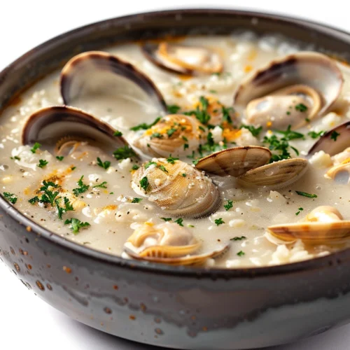 A rustic dark bowl filled with creamy clam chowder, featuring fresh clams in their shells, chopped clam meat, and garnished with parsley and a sprinkle of seasoning.