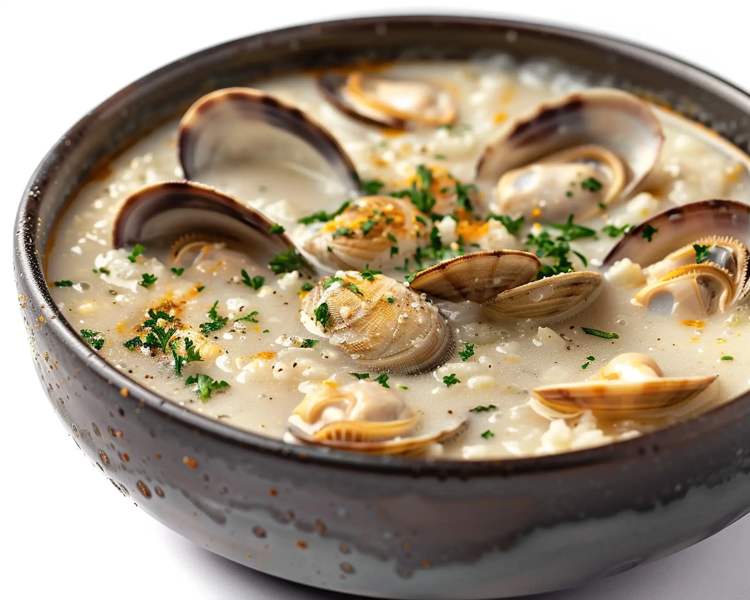 A rustic dark bowl filled with creamy clam chowder, featuring fresh clams in their shells, chopped clam meat, and garnished with parsley and a sprinkle of seasoning.