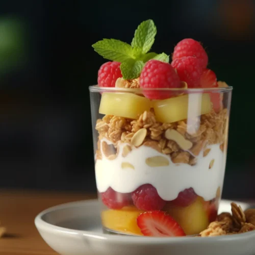 A glass of layered yogurt parfait featuring Greek yogurt, fresh raspberries, pineapple chunks, granola, and almond slices, garnished with a sprig of mint, served on a plate with scattered granola pieces.