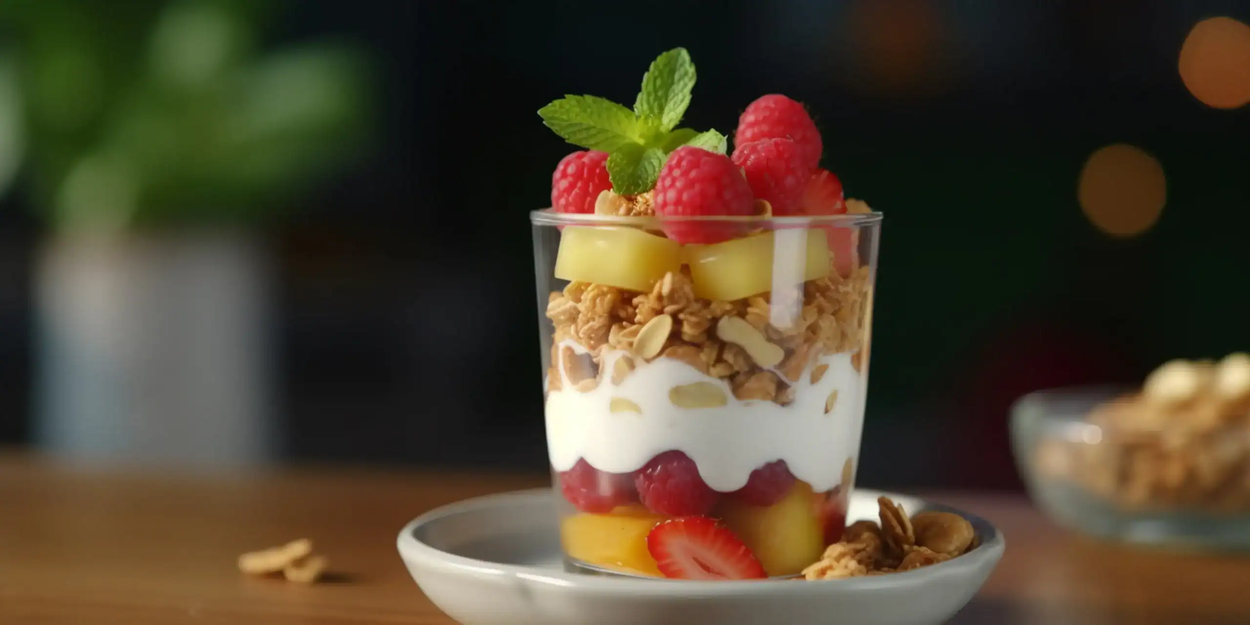 A glass of layered yogurt parfait featuring Greek yogurt, fresh raspberries, pineapple chunks, granola, and almond slices, garnished with a sprig of mint, served on a plate with scattered granola pieces.