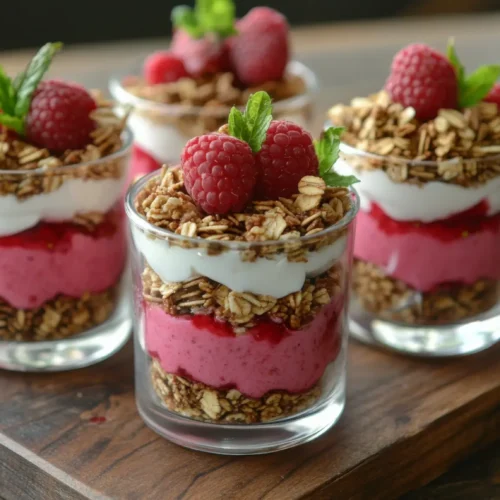 Four small glasses filled with layered yogurt parfaits, featuring granola, raspberry puree, Greek yogurt, and fresh raspberries, garnished with mint leaves, served on a wooden board.