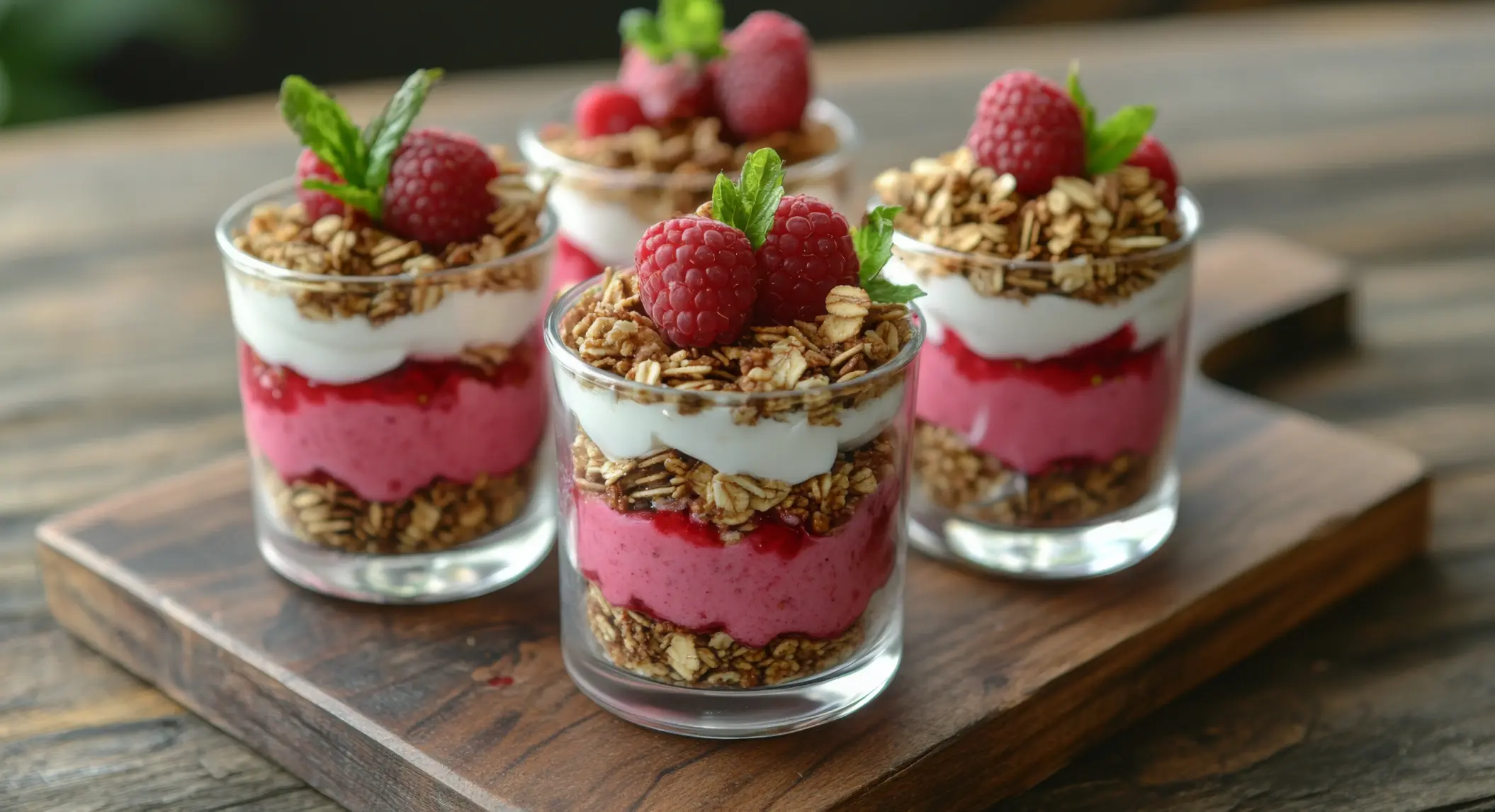 Four small glasses filled with layered yogurt parfaits, featuring granola, raspberry puree, Greek yogurt, and fresh raspberries, garnished with mint leaves, served on a wooden board.