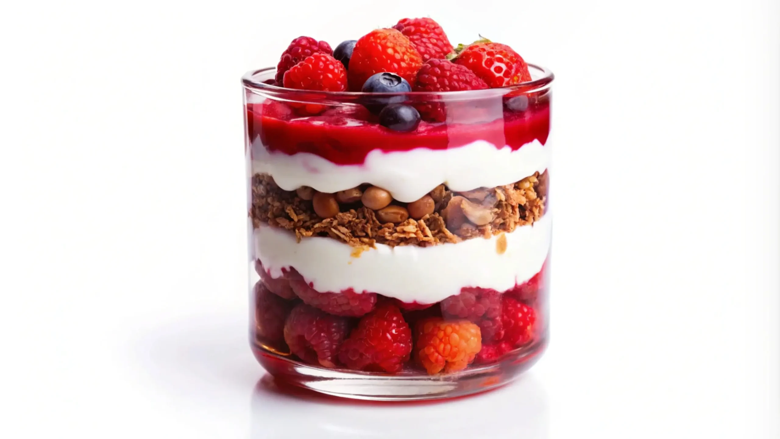 A glass filled with a layered yogurt parfait, featuring Greek yogurt, fresh raspberries, blueberries, granola, nuts, and a raspberry puree topping, against a clean white background