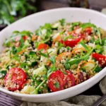 A bowl of quinoa salad mixed with cherry tomatoes, cucumber, shredded carrots, arugula, and sesame seeds, garnished with fresh herbs.