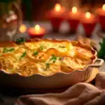 Golden scalloped potatoes garnished with herbs in a round baking dish, surrounded by soft candlelight.