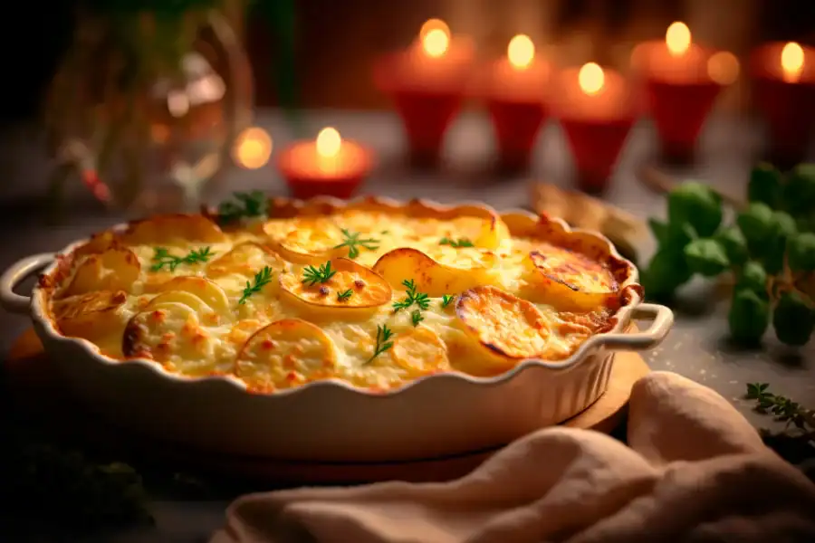 Golden scalloped potatoes garnished with herbs in a round baking dish, surrounded by soft candlelight.