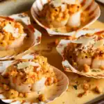 Scallops served in decorative shells, topped with a cheesy crust and creamy sauce.