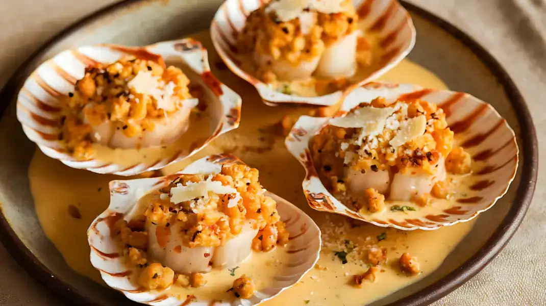 Scallops served in decorative shells, topped with a cheesy crust and creamy sauce.