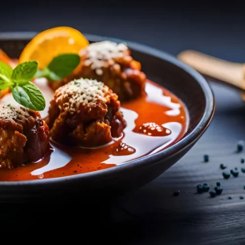 A dark ceramic bowl filled with Italian meatballs in a rich tomato sauce, garnished with fresh basil leaves and grated Parmesan cheese. A slice of lemon is placed in the background, with sliced bread on a wooden plate nearby.