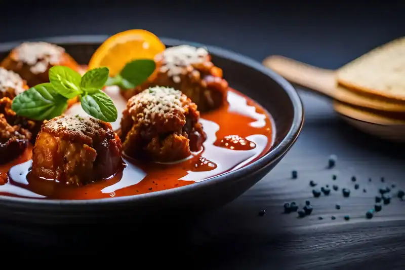 A dark ceramic bowl filled with Italian meatballs in a rich tomato sauce, garnished with fresh basil leaves and grated Parmesan cheese. A slice of lemon is placed in the background, with sliced bread on a wooden plate nearby.