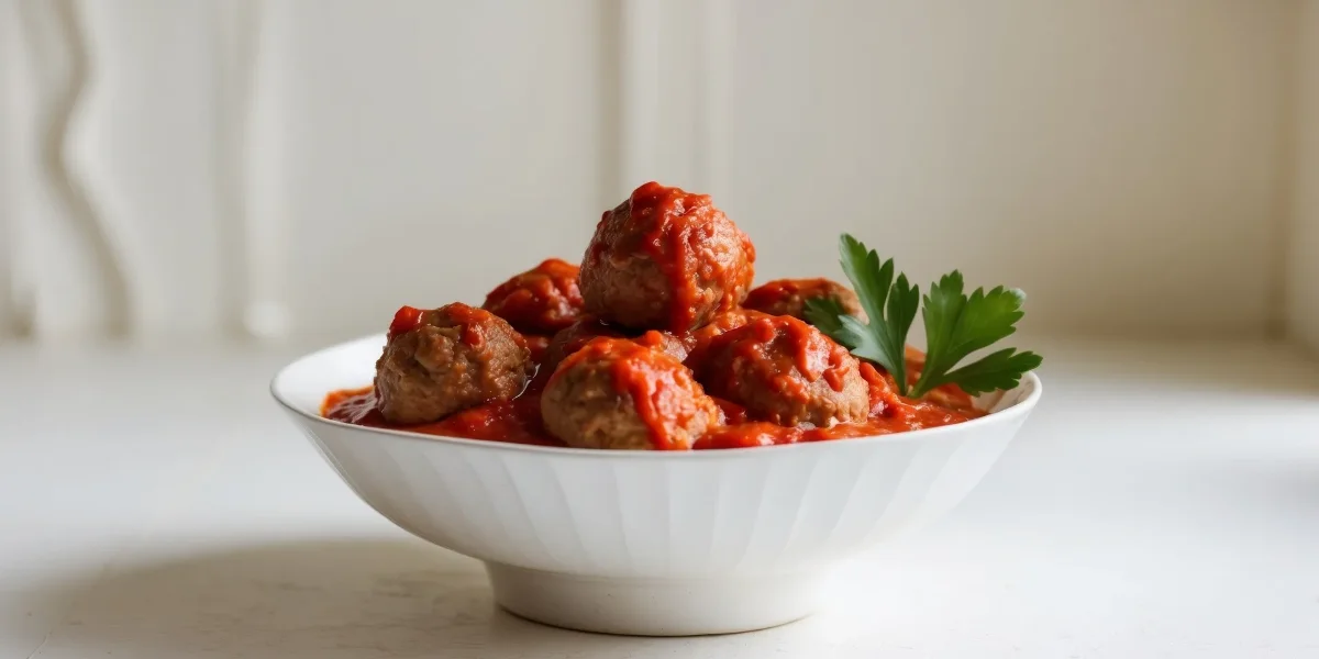 A white bowl filled with Italian meatballs in marinara sauce, garnished with fresh parsley.