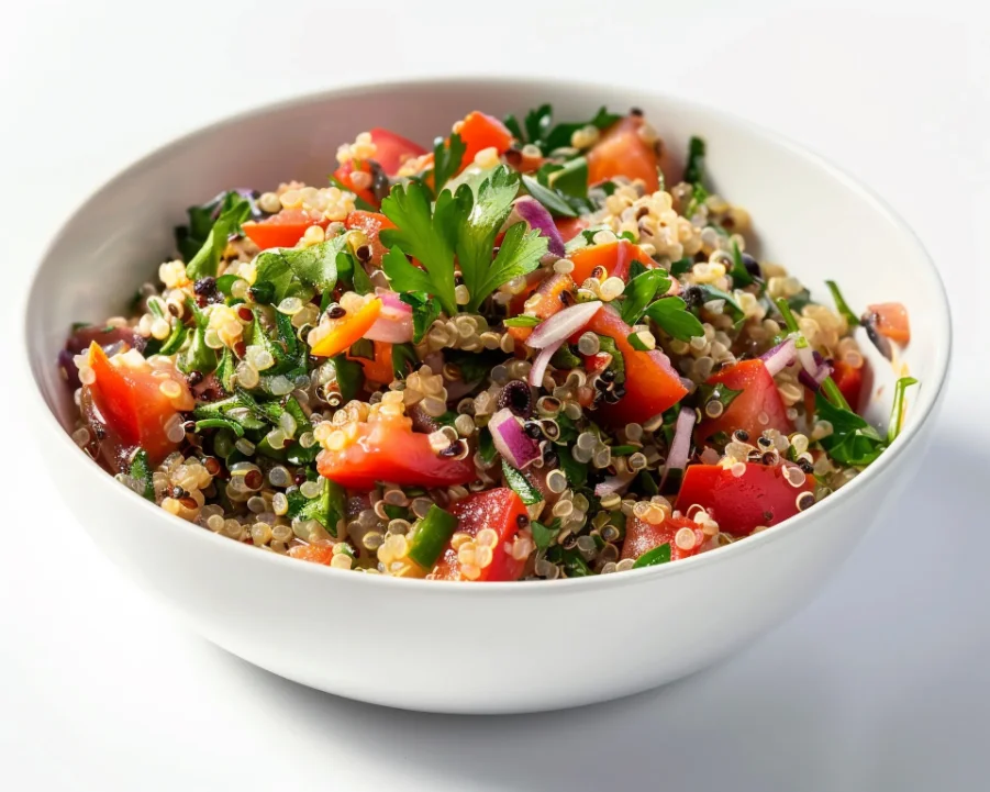 A bowl of quinoa salad with diced tomatoes, red onions, fresh parsley, and green herbs, served in a white bowl.