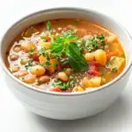 A bowl of authentic minestrone soup filled with beans, diced tomatoes, zucchini, and pasta, garnished with fresh basil and parsley, served in a white bowl on a clean white background.