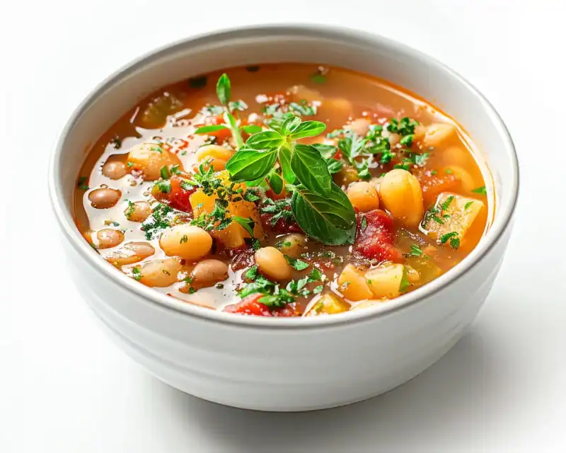 A bowl of authentic minestrone soup filled with beans, diced tomatoes, zucchini, and pasta, garnished with fresh basil and parsley, served in a white bowl on a clean white background.