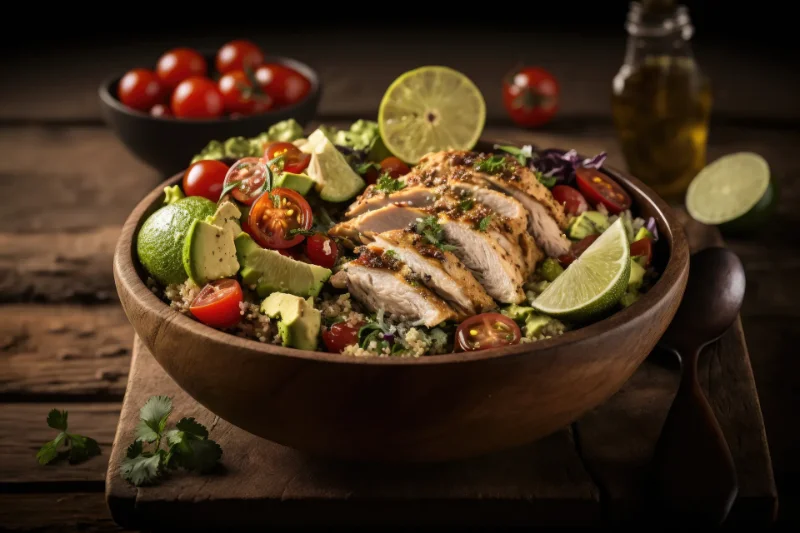 Wooden bowl of quinoa topped with grilled chicken slices, avocado, cherry tomatoes, lime wedges, and cilantro, served on a rustic wooden table.