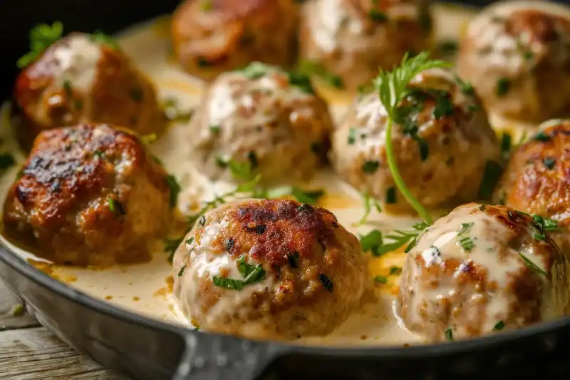 A close-up of Swedish meatballs in a creamy gravy, garnished with fresh herbs, served in a skillet.