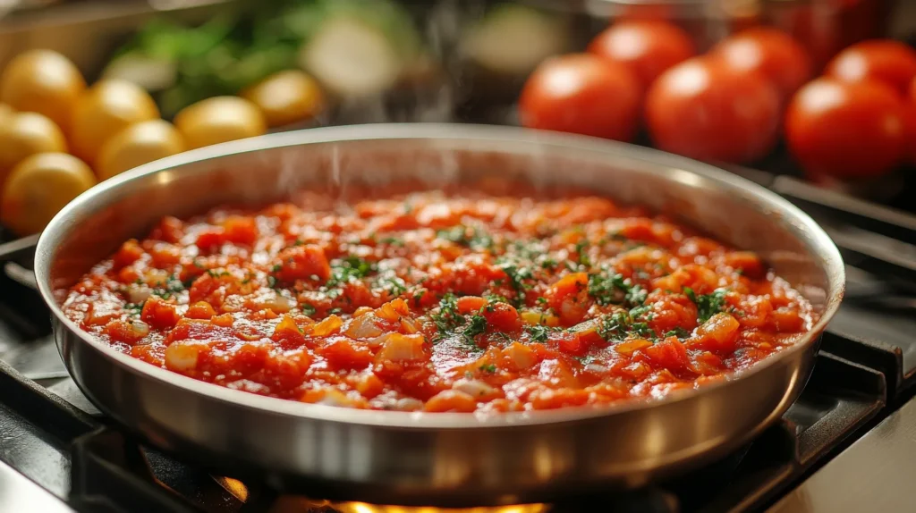  A stainless steel pan filled with tomato sauce simmering on the stove, garnished with fresh parsley. Fresh tomatoes and lemons are visible in the background.