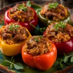 A colorful plate of authentic Italian stuffed peppers filled with rice, meat, and marinara sauce, garnished with fresh herbs.