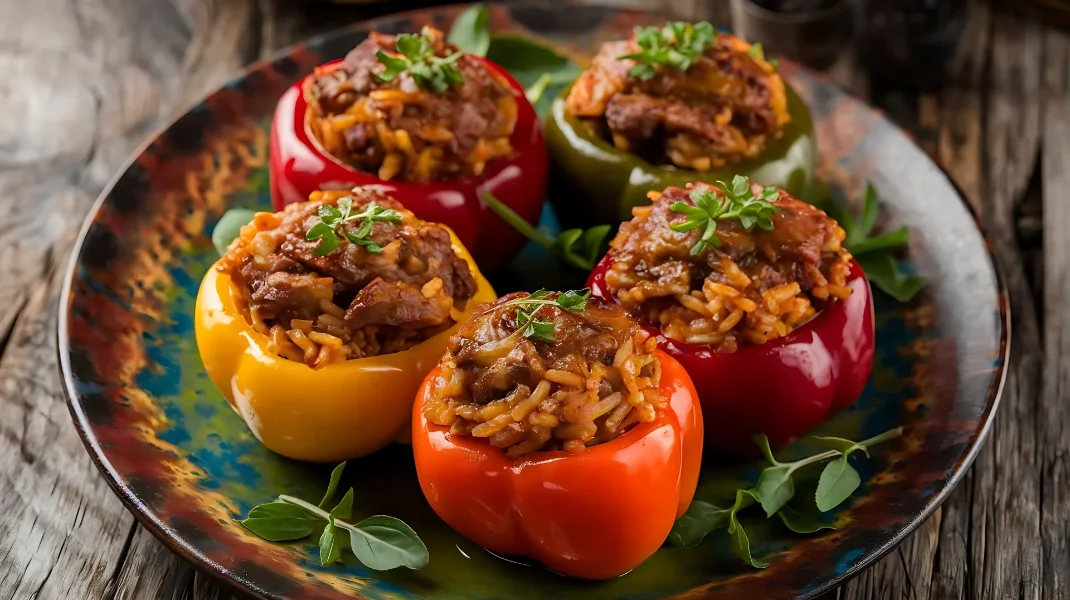 A colorful plate of authentic Italian stuffed peppers filled with rice, meat, and marinara sauce, garnished with fresh herbs.