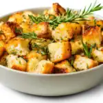 Golden garlic croutons with herbs and rosemary in a white bowl.