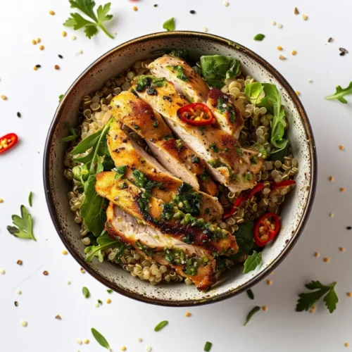 Bowl of grilled chicken slices served on a bed of quinoa and fresh greens, garnished with herbs and sliced red chili peppers.