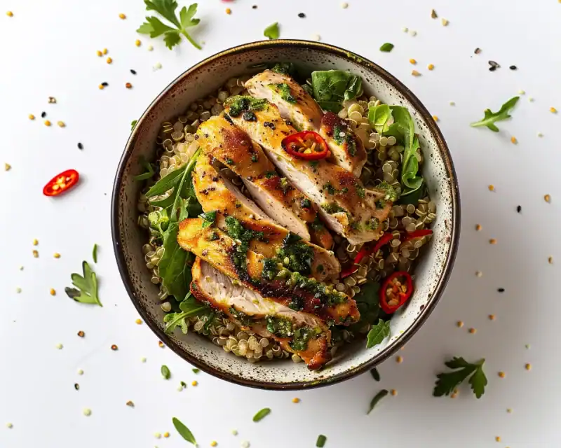 Bowl of grilled chicken slices served on a bed of quinoa and fresh greens, garnished with herbs and sliced red chili peppers.