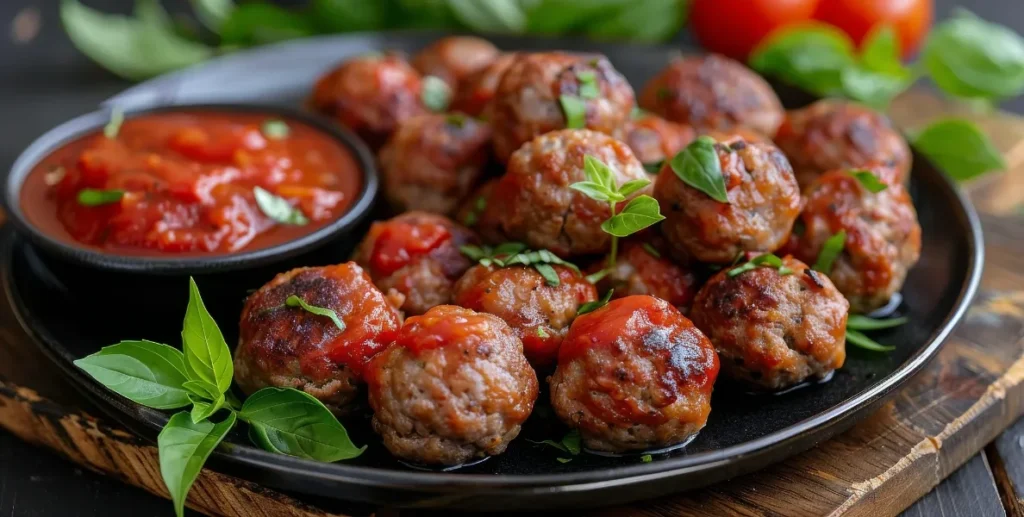 A black skillet filled with Italian meatballs in tomato sauce, garnished with chopped parsley and basil.