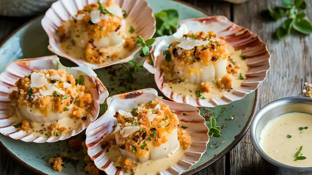 Garlic butter scallops in shell topped with herbs, breadcrumbs, and served with creamy sauce