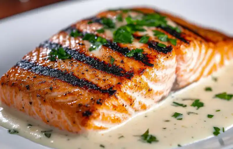 Grilled salmon fillet served with creamy herb sauce on a white plate