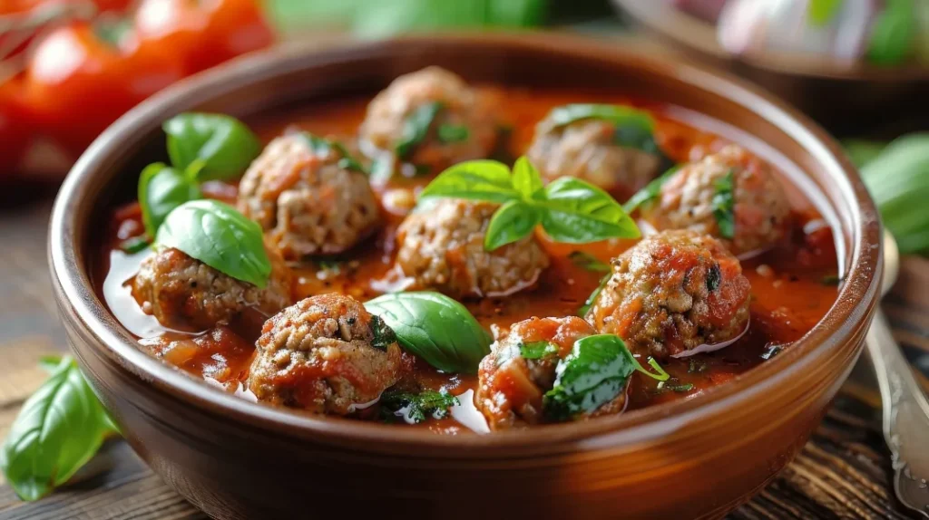 A rustic bowl of Italian meatballs in tomato sauce, garnished with fresh basil leaves.