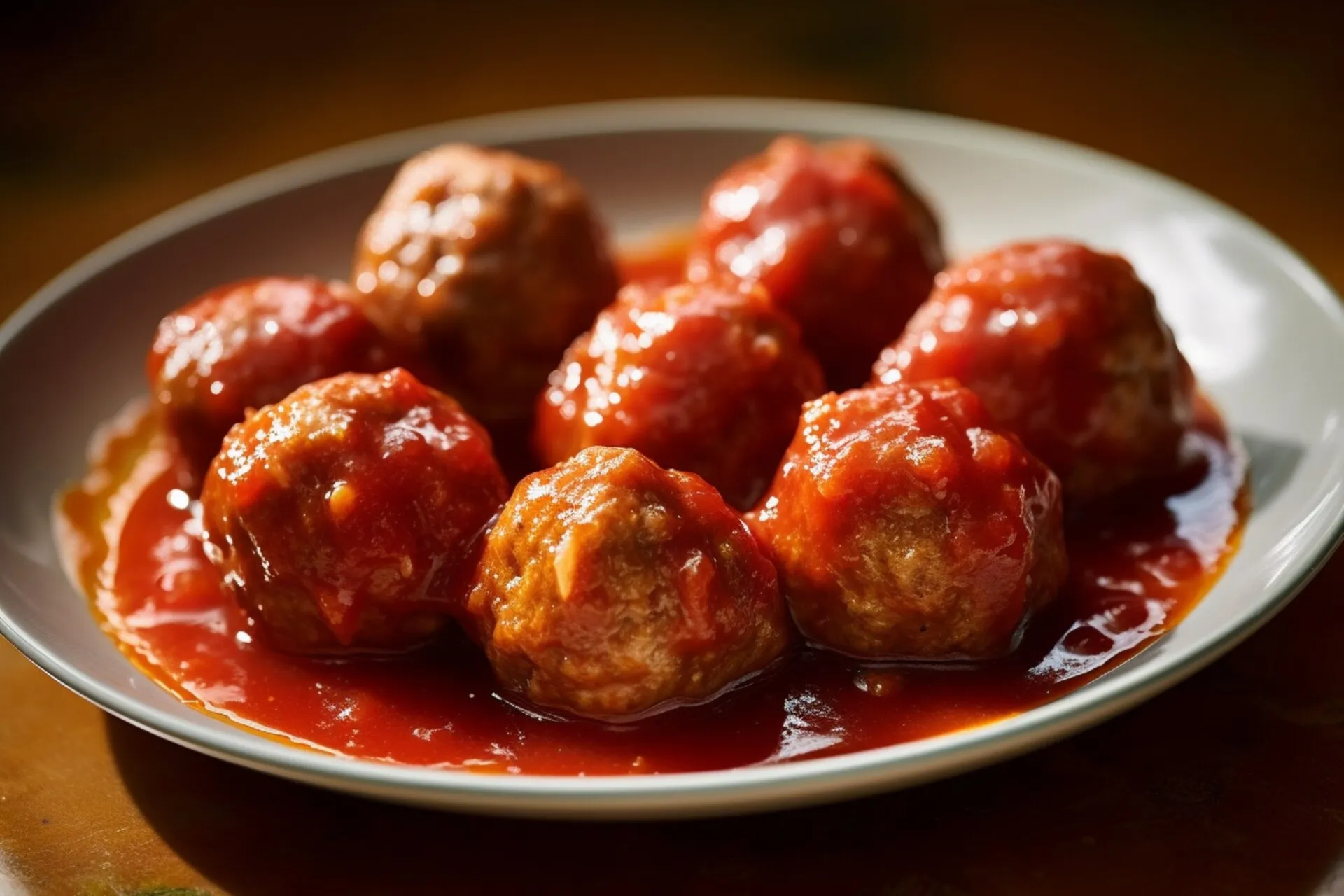 A plate of traditional Italian meatballs covered in a rich tomato sauce, glistening with a glossy finish.