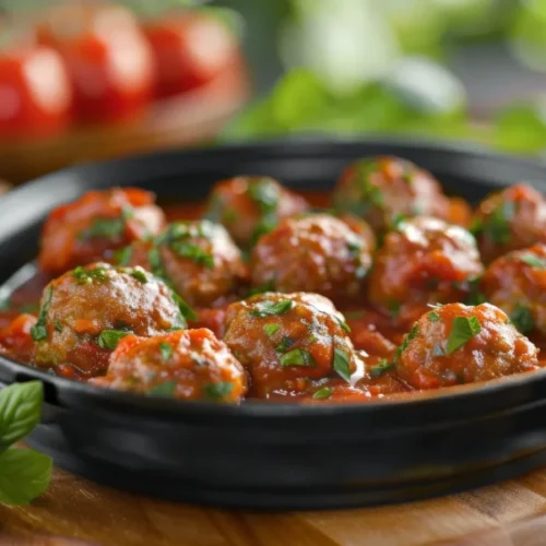 A black skillet filled with Italian meatballs in tomato sauce, garnished with chopped parsley and basil.