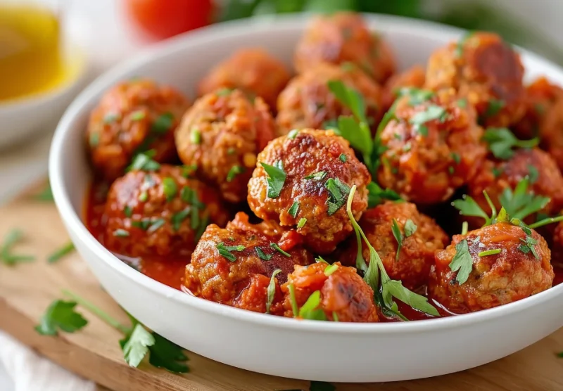 A white bowl filled with Italian meatballs coated in tomato sauce, garnished with fresh parsley. Fresh herbs and olive oil are visible in the background.