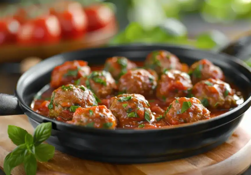 A black skillet filled with Italian meatballs in tomato sauce, garnished with chopped parsley and basil.