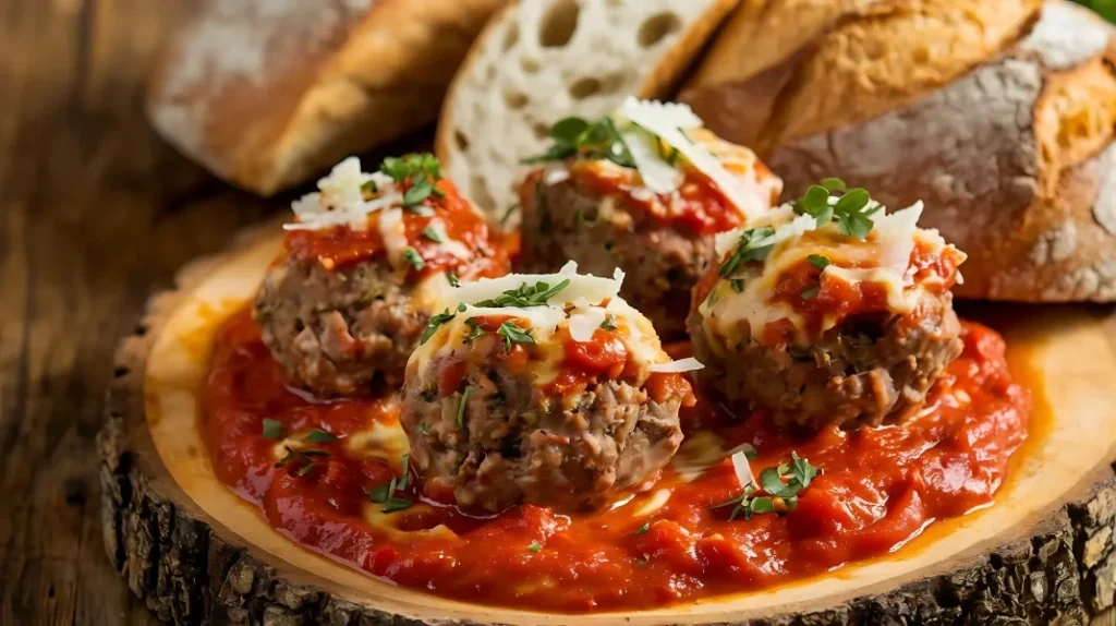 Italian meatballs topped with tomato sauce, melted cheese, and fresh herbs, served with rustic bread on a wooden platter.