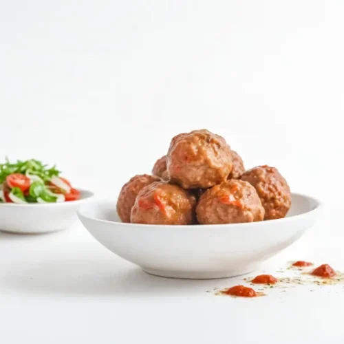 A white bowl filled with Italian meatballs in a light tomato sauce, placed on a white surface with a side bowl of fresh tomato and arugula salad. Small drops of tomato sauce and dried herbs are scattered nearby.