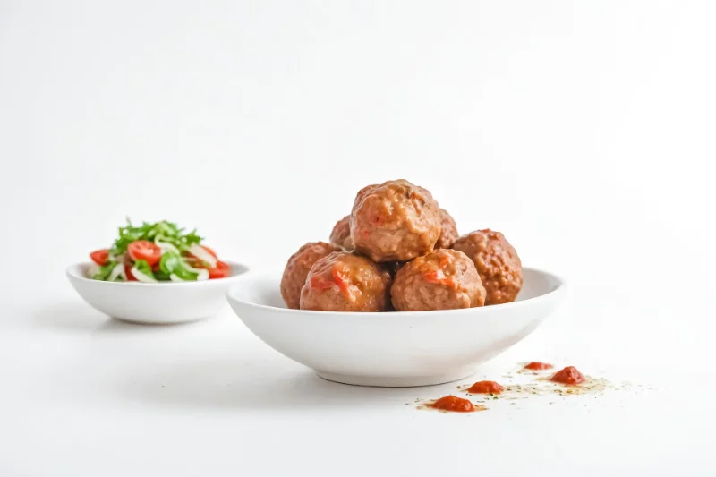 A white bowl filled with Italian meatballs in a light tomato sauce, placed on a white surface with a side bowl of fresh tomato and arugula salad. Small drops of tomato sauce and dried herbs are scattered nearby.