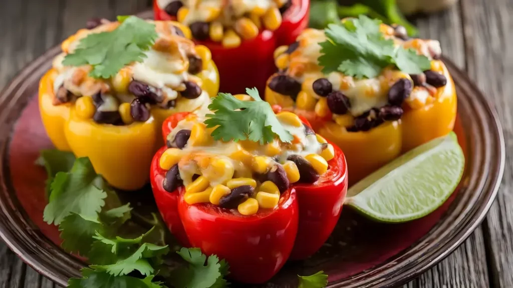 Red and yellow bell peppers stuffed with black beans, corn, and melted cheese, garnished with fresh cilantro and served with lime wedges.