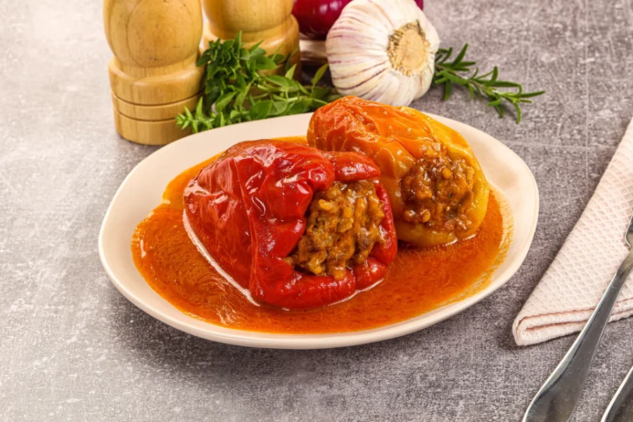 Two bell peppers, one red and one yellow, stuffed with a savory mixture of meat and rice, served in a rich tomato sauce on a white plate with fresh herbs in the background.