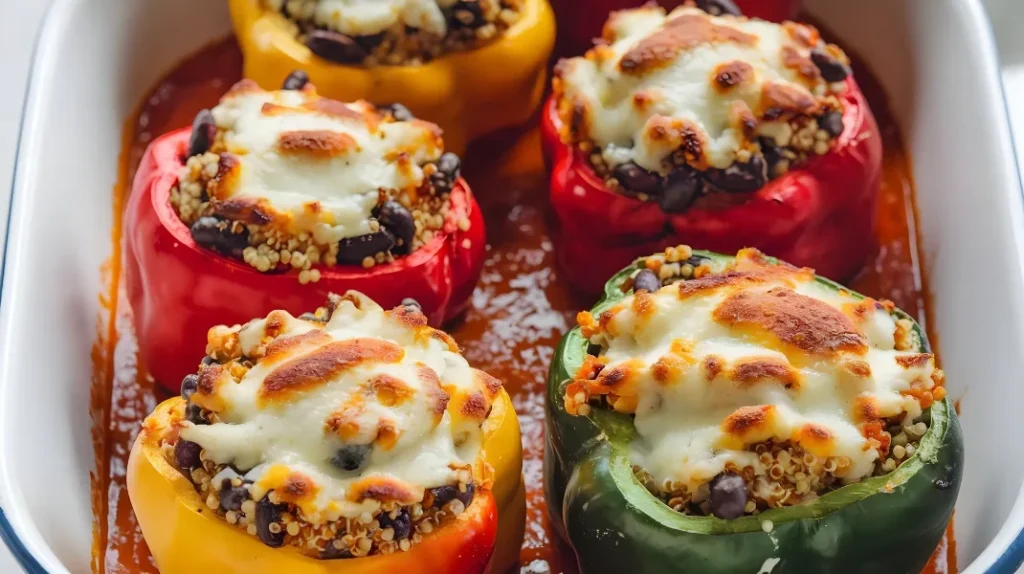 Bell peppers in red, yellow, and green, stuffed with quinoa, black beans, and melted cheese, baked in marinara sauce and served in a white baking dish.