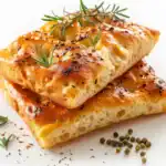Two golden-brown pieces of focaccia bread topped with fresh rosemary and herbs, stacked on a white surface.