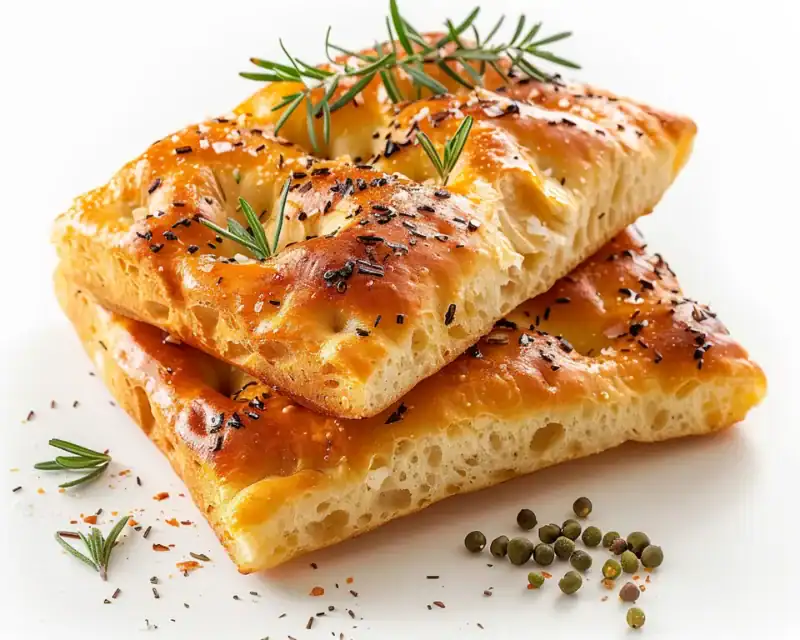 Two golden-brown pieces of focaccia bread topped with fresh rosemary and herbs, stacked on a white surface.