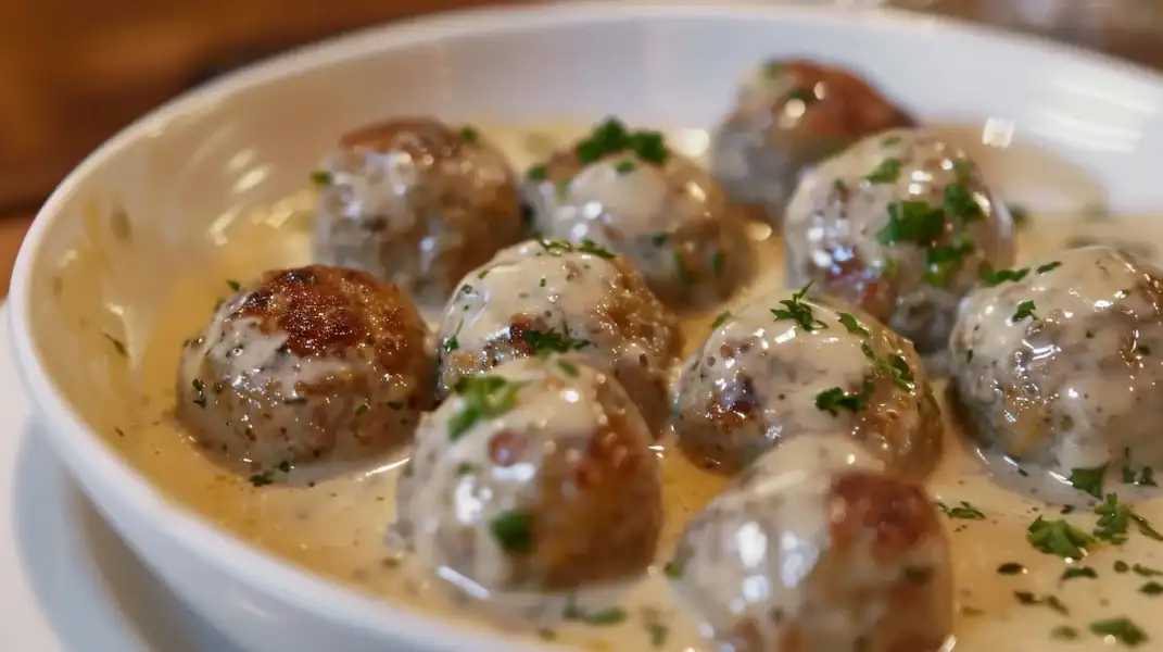 A plate of homemade Swedish meatballs covered in a rich, creamy gravy, garnished with fresh parsley.