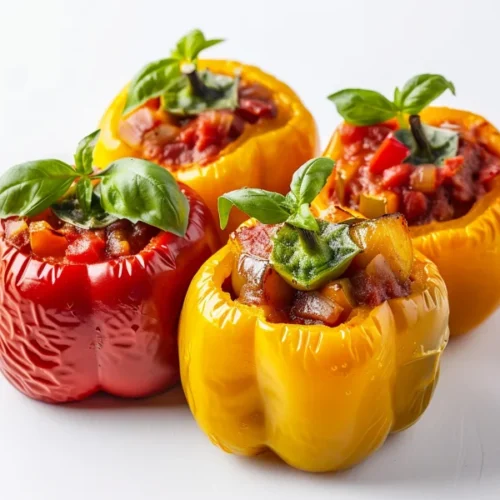 Four bell peppers, two yellow and two red, stuffed with a mixture of diced vegetables and tomato sauce, garnished with fresh basil leaves, displayed on a white background.