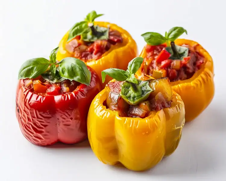 Four bell peppers, two yellow and two red, stuffed with a mixture of diced vegetables and tomato sauce, garnished with fresh basil leaves, displayed on a white background.