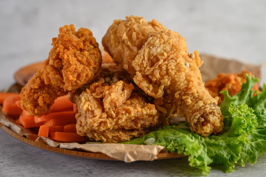 Crispy golden fried chicken drumsticks on a plate with fresh lettuce and sliced carrots